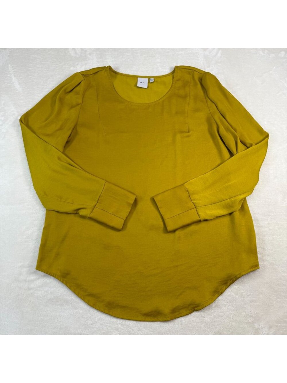 Ichi Womens 38 Mustard Yellow Long Sleeve Blouse Round Neck Folded Cuffs
